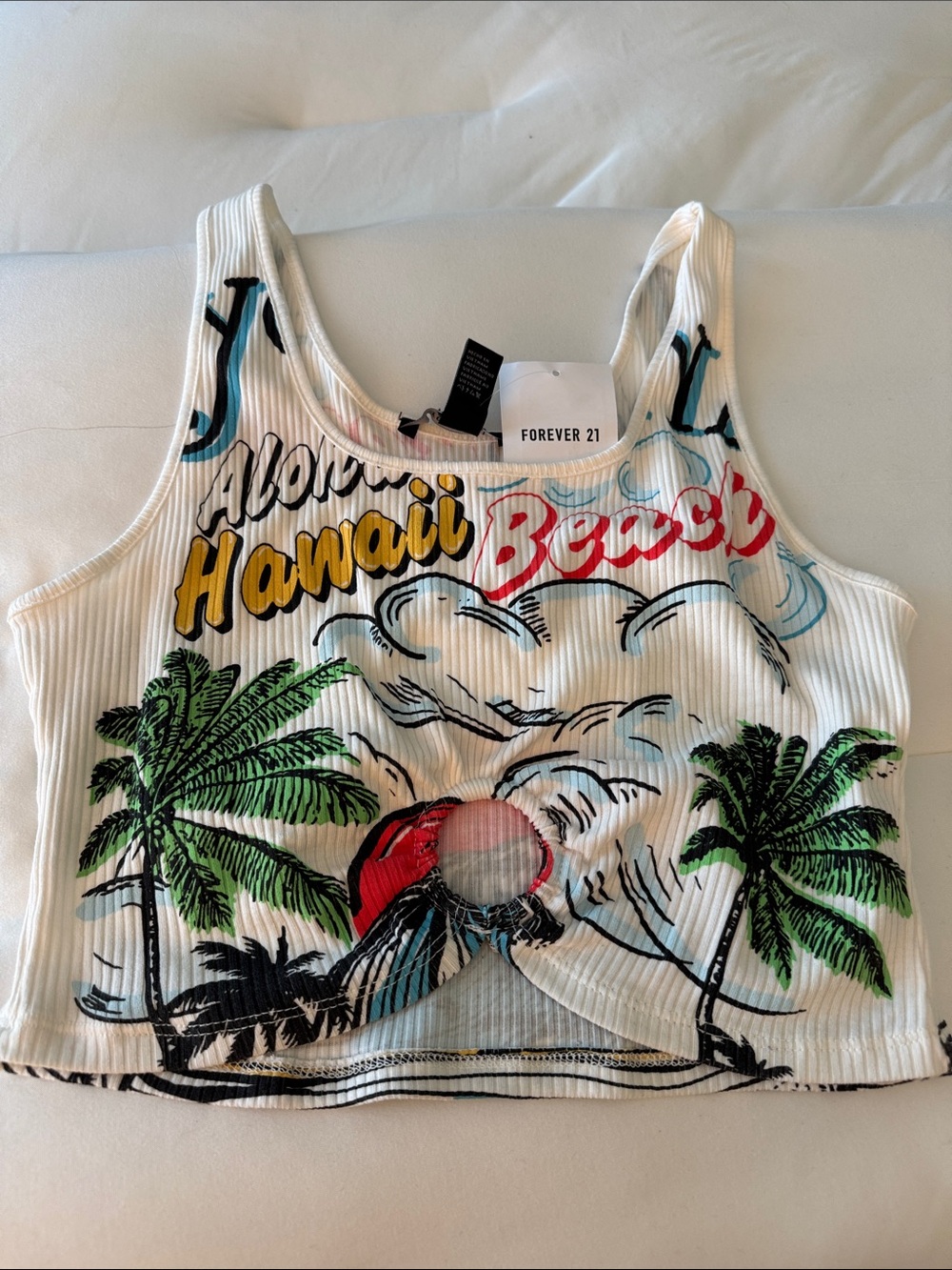 Forever 21 White Tropical Hawaii Graphic Crop Tank